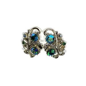 Coro Clip Ons Earrings AB Crystals Silver Tone Vintage Estate
